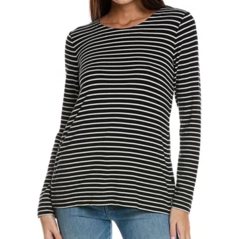 CAbi Side snap tunic tee short top blouse knit black white stripe stretch new S